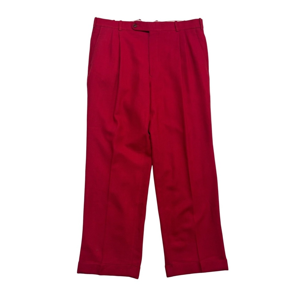 vtg 90s Tom James 36x29 Red Dress Pants Trousers Wool Bespoke Pleated Cuffed